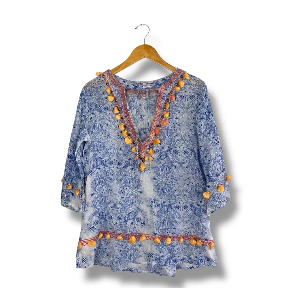 OndaDeMar Beaded Cover-Up Tunic Tassels Floral Embroidered Resort Vacation S